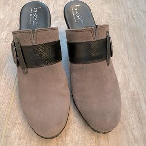 b.o.c. Grey suede mules with thick black buckle.